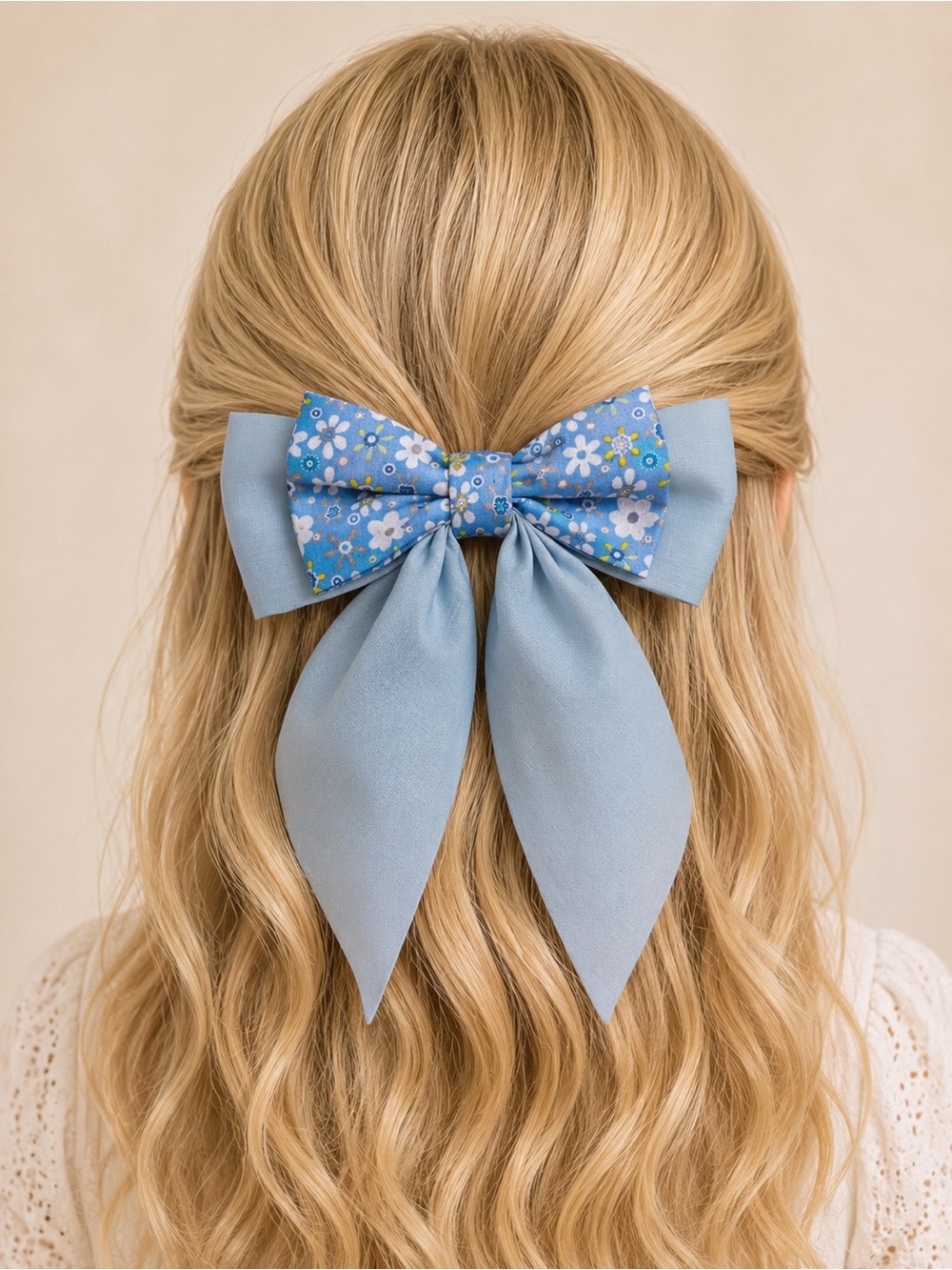 Blue Floral Hair Bow, Handmade with 100% Cotton Fabric